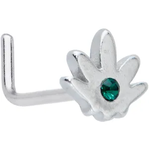 20 Gauge 1/4 Green CZ Gem Simple Pot Leaf L Shape Nose Ring