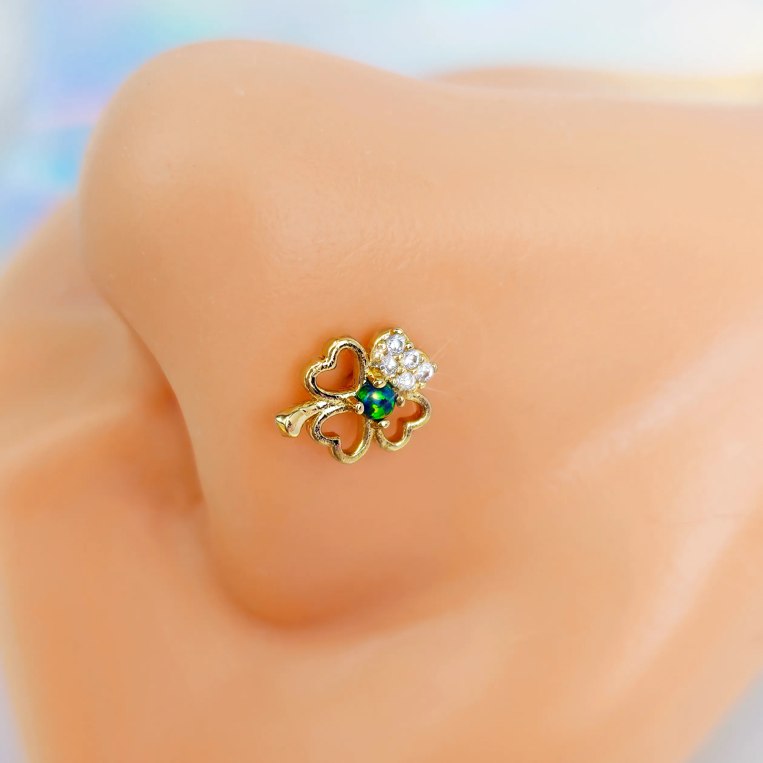 20 Gauge 1/4 Green Synthetic Opal Gold Tone Shamrock St Pats Nose Bone