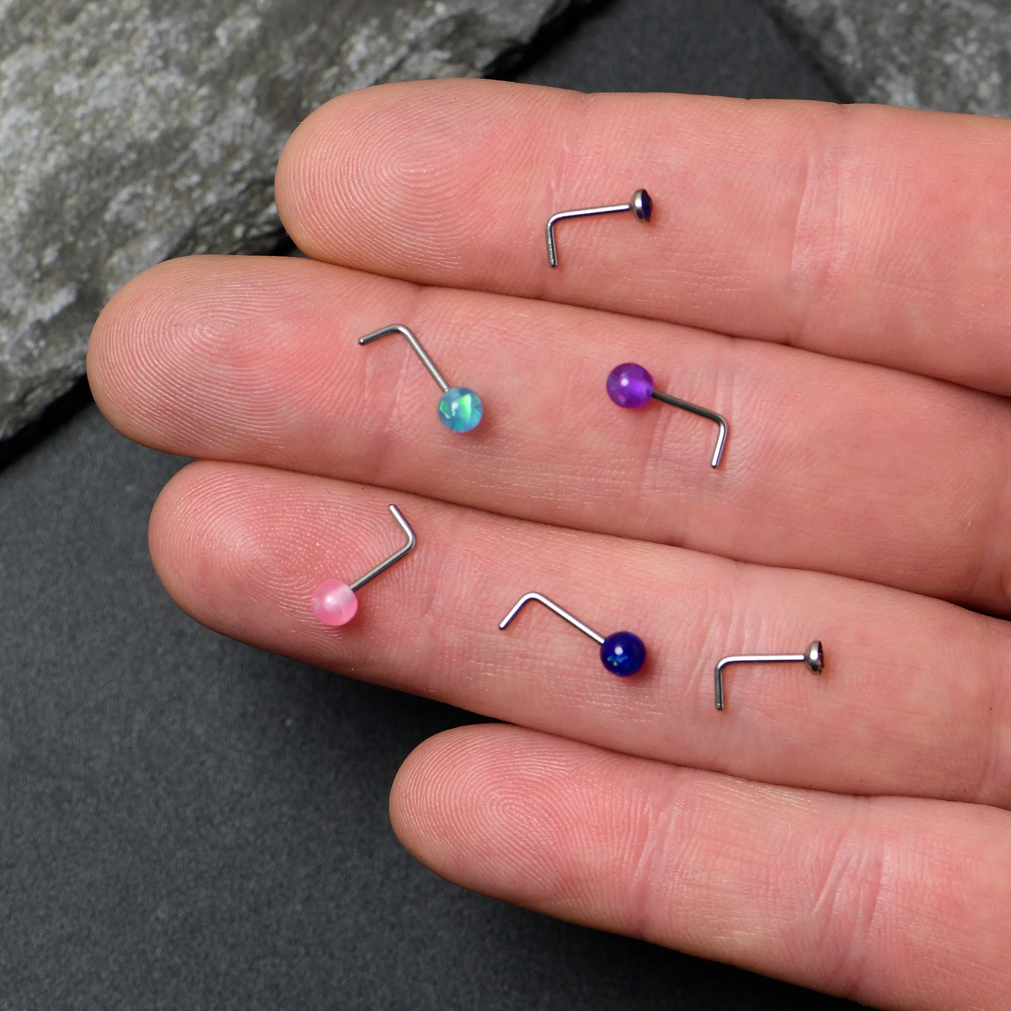 20 Gauge 1/4 Purple Gem Blue Pink Faux Opal Pack L Shape Nose Ring Set of 6