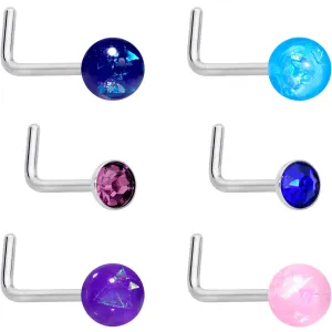 20 Gauge 1/4 Purple Gem Blue Pink Faux Opal Pack L Shape Nose Ring Set of 6