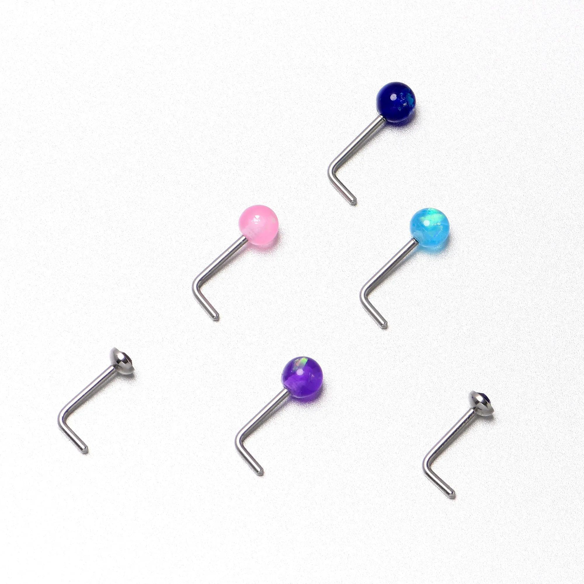 20 Gauge 1/4 Purple Gem Blue Pink Faux Opal Pack L Shape Nose Ring Set of 6