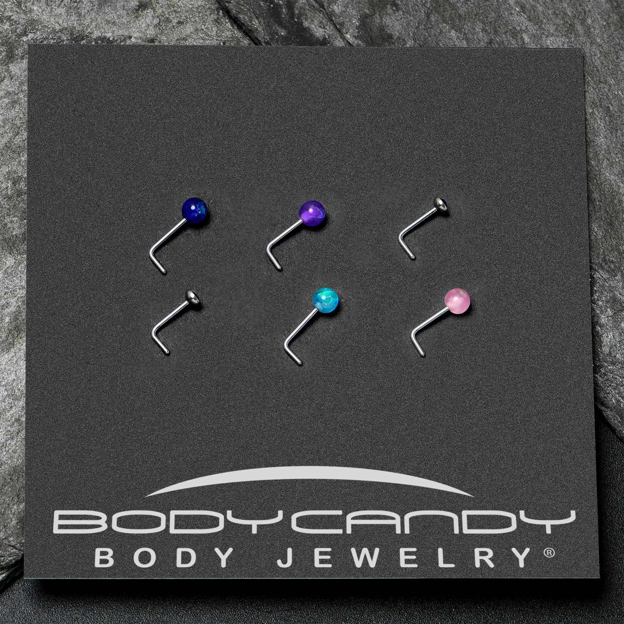 20 Gauge 1/4 Purple Gem Blue Pink Faux Opal Pack L Shape Nose Ring Set of 6