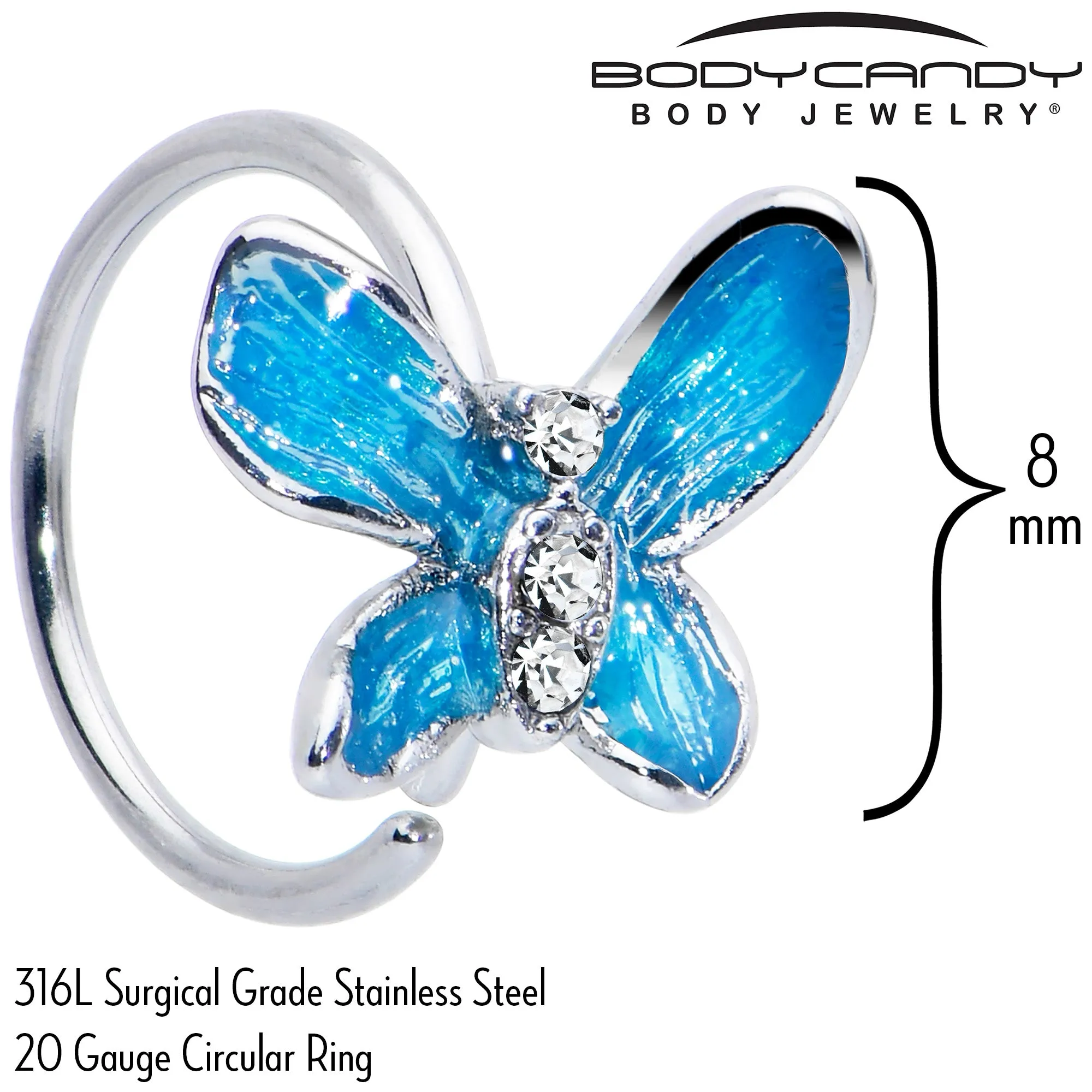20 Gauge 5/16 Clear Gem Chunky Butterfly Blue Nose Hoop