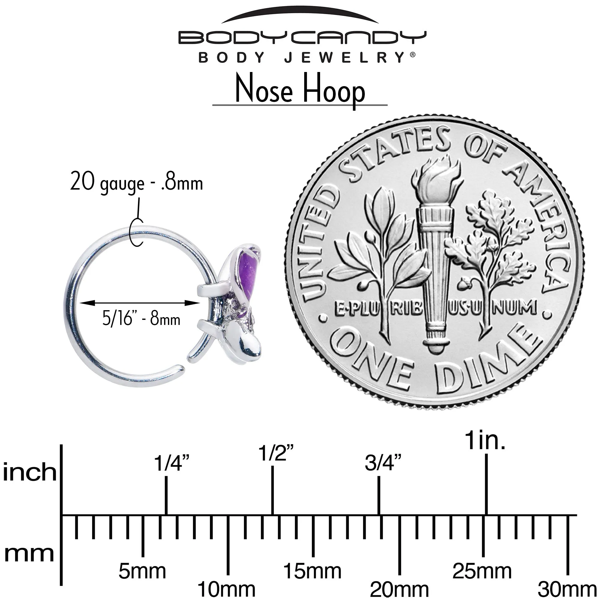 20 Gauge 5/16 Clear Gem Chunky Butterfly Purple Nose Hoop