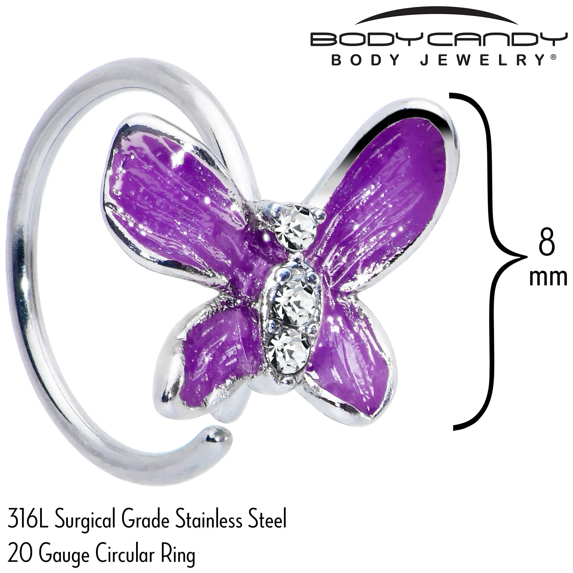 20 Gauge 5/16 Clear Gem Chunky Butterfly Purple Nose Hoop