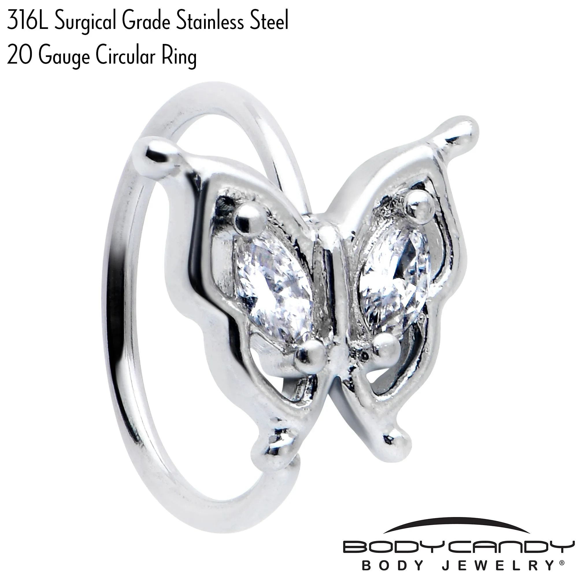 20 Gauge 5/16 Clear Gem Fancy Fab Butterfly Nose Hoop