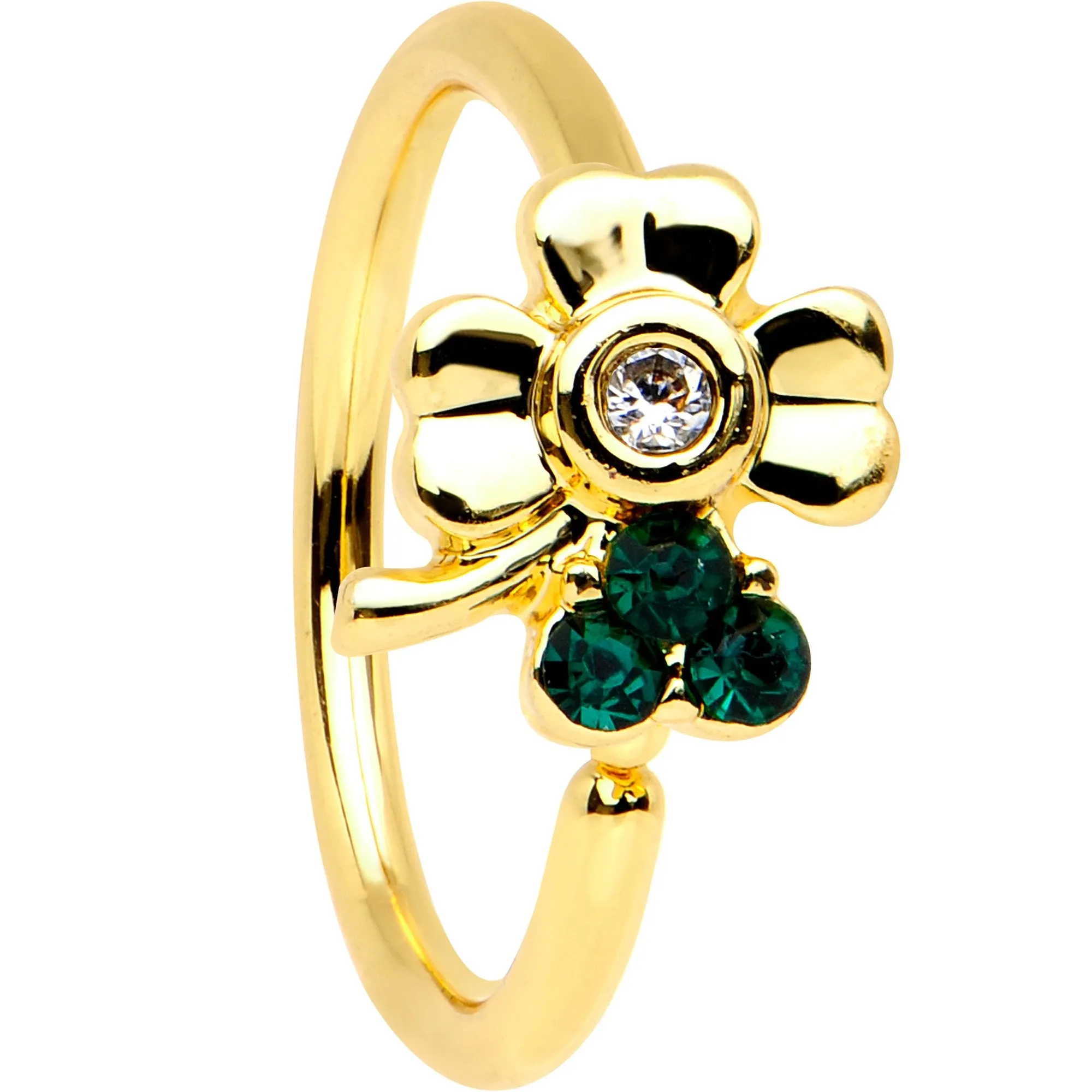 20 Gauge 5/16 Green Gem Gold PVD Clover Bow Seamless Circular Ring