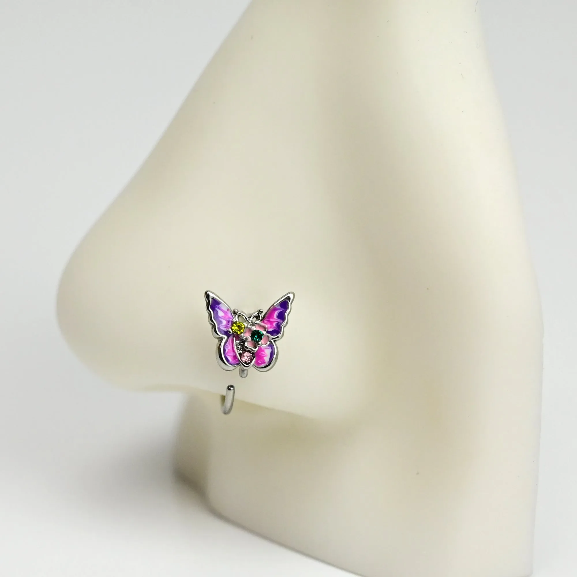 20 Gauge 5/16 Green Yellow Gem Exotic Butterfly Nose Hoop