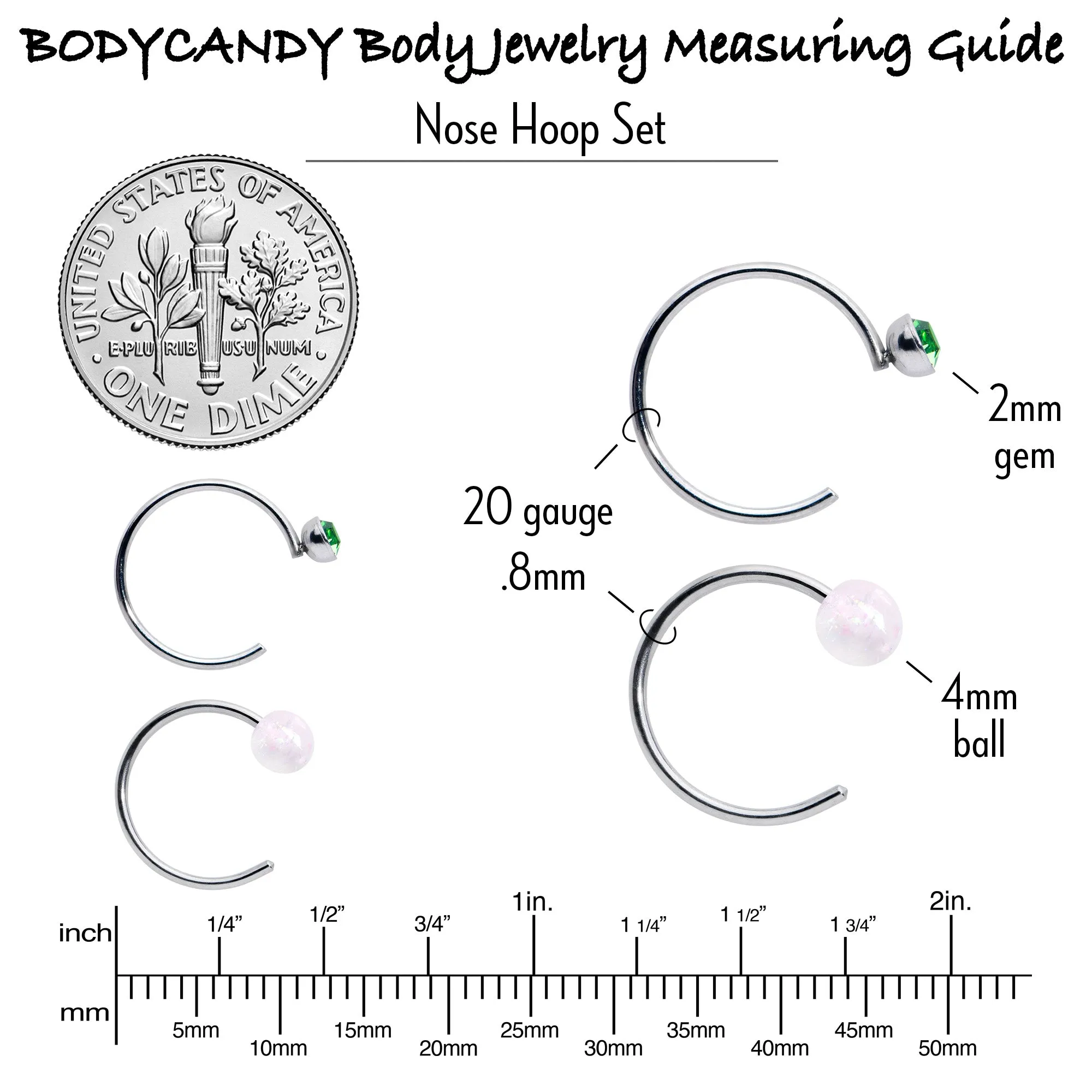 20 Gauge 5/16 Nose Hoop Gem Faux Opal Pack Dynasty Nose Ring Set of 6