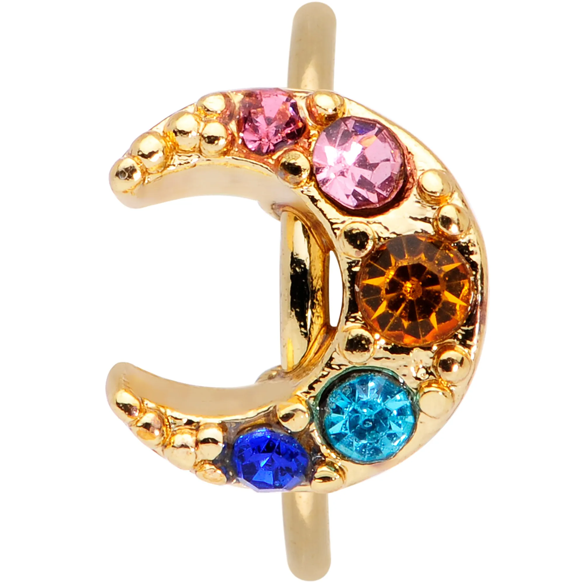 20 Gauge 5/16 Rainbow Gem Gold Tone Crescent Moon Nose Hoop