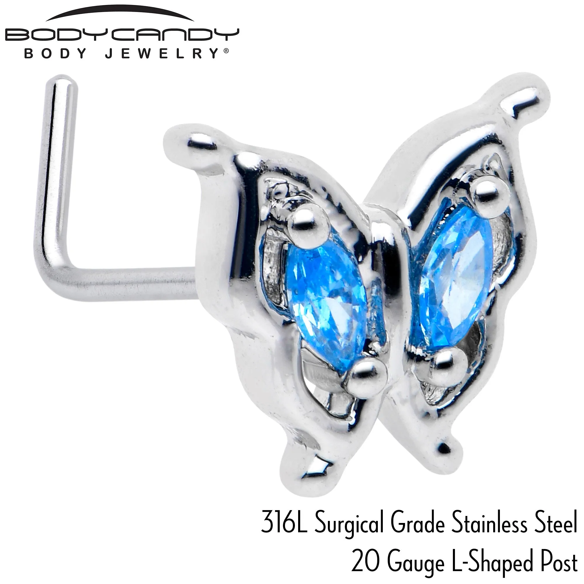 20 Gauge 7mm Blue Gem Fancy Fab Butterfly L Shape Nose Ring