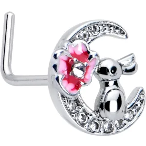 20 Gauge 7mm Clear CZ Gem Rabbit On The Moon Pink L Shape Nose Ring
