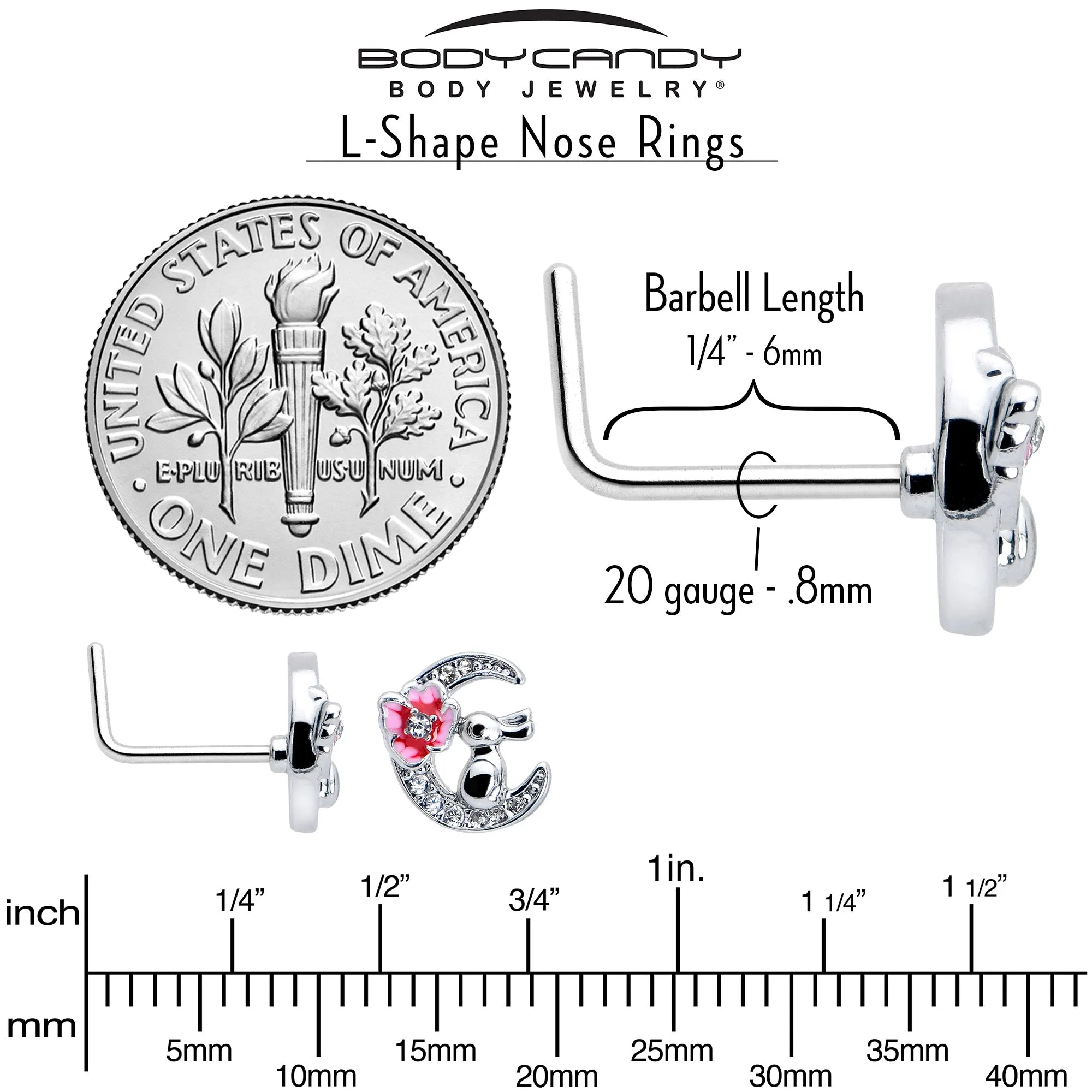 20 Gauge 7mm Clear CZ Gem Rabbit On The Moon Pink L Shape Nose Ring