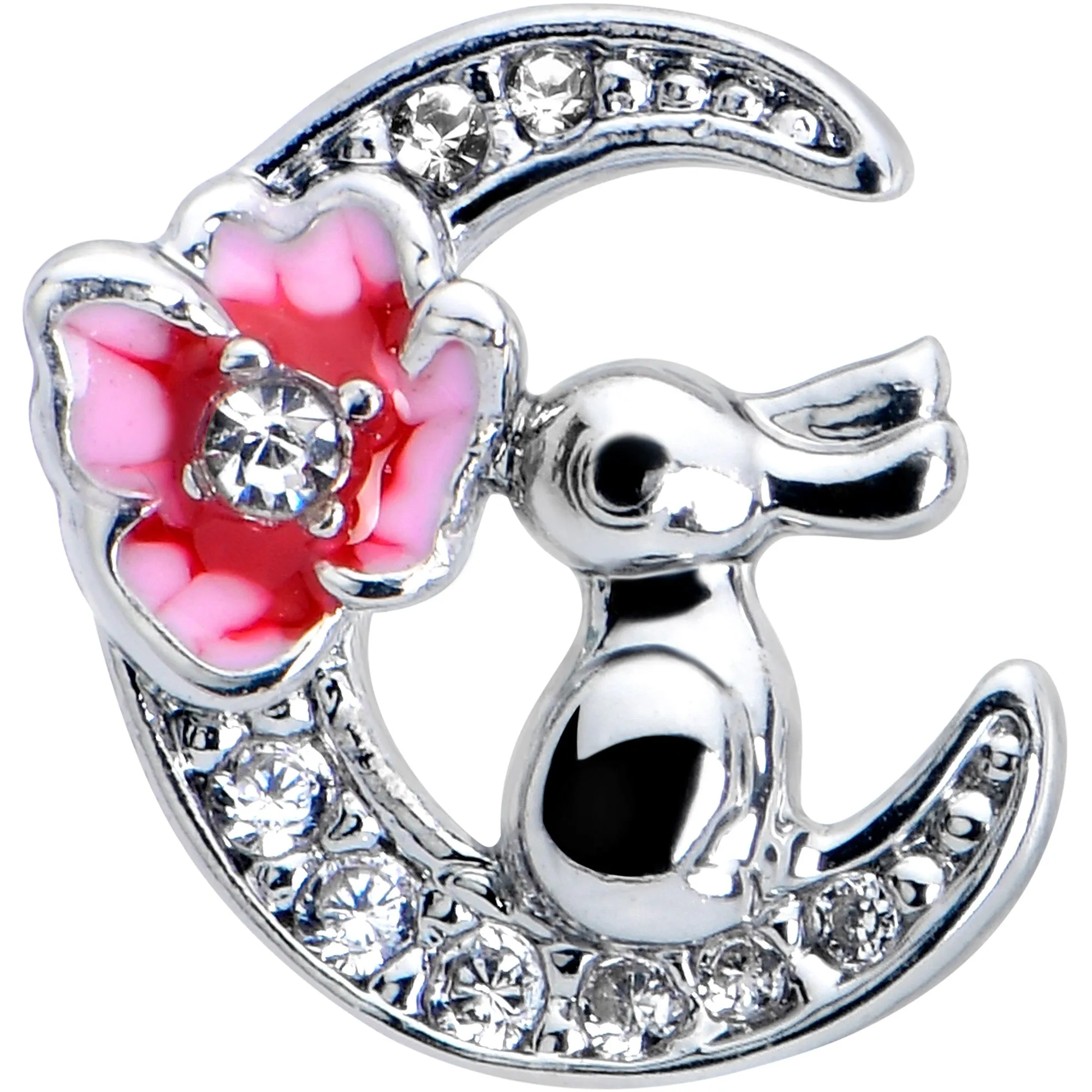 20 Gauge 7mm Clear CZ Gem Rabbit On The Moon Pink L Shape Nose Ring