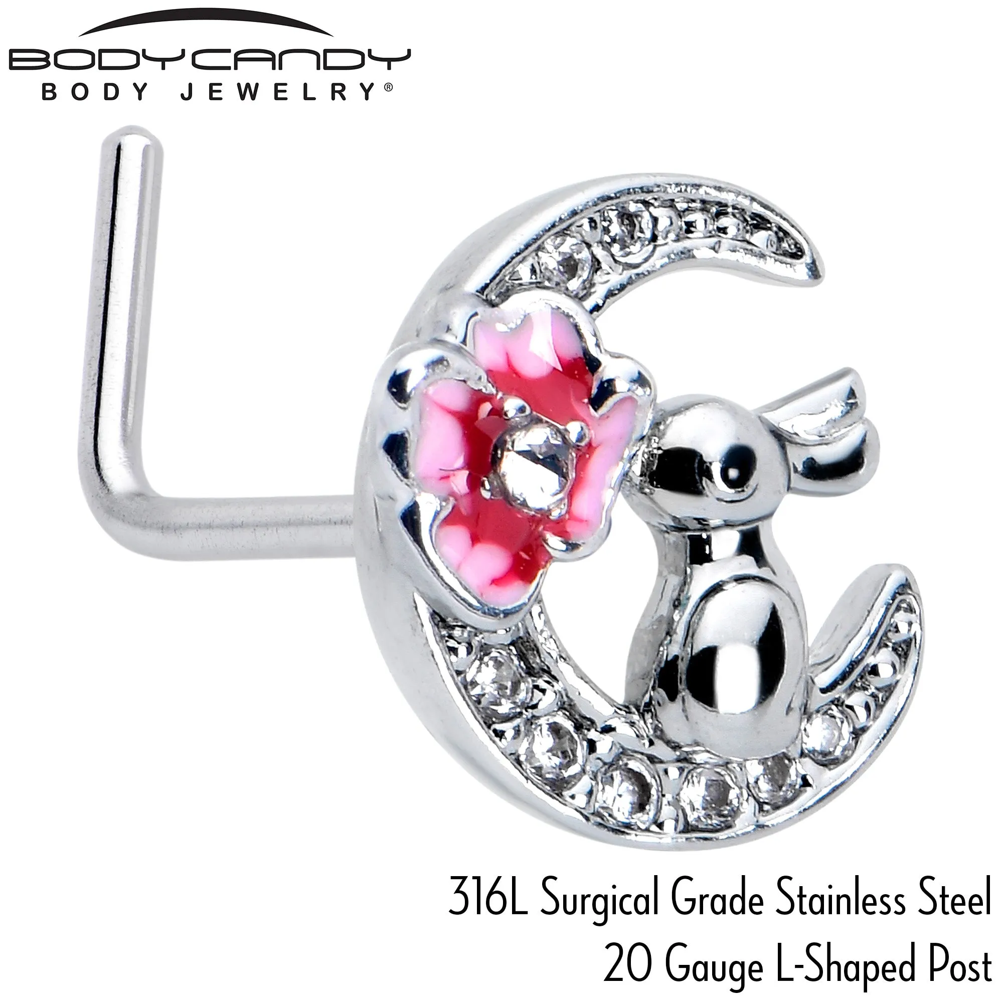 20 Gauge 7mm Clear CZ Gem Rabbit On The Moon Pink L Shape Nose Ring