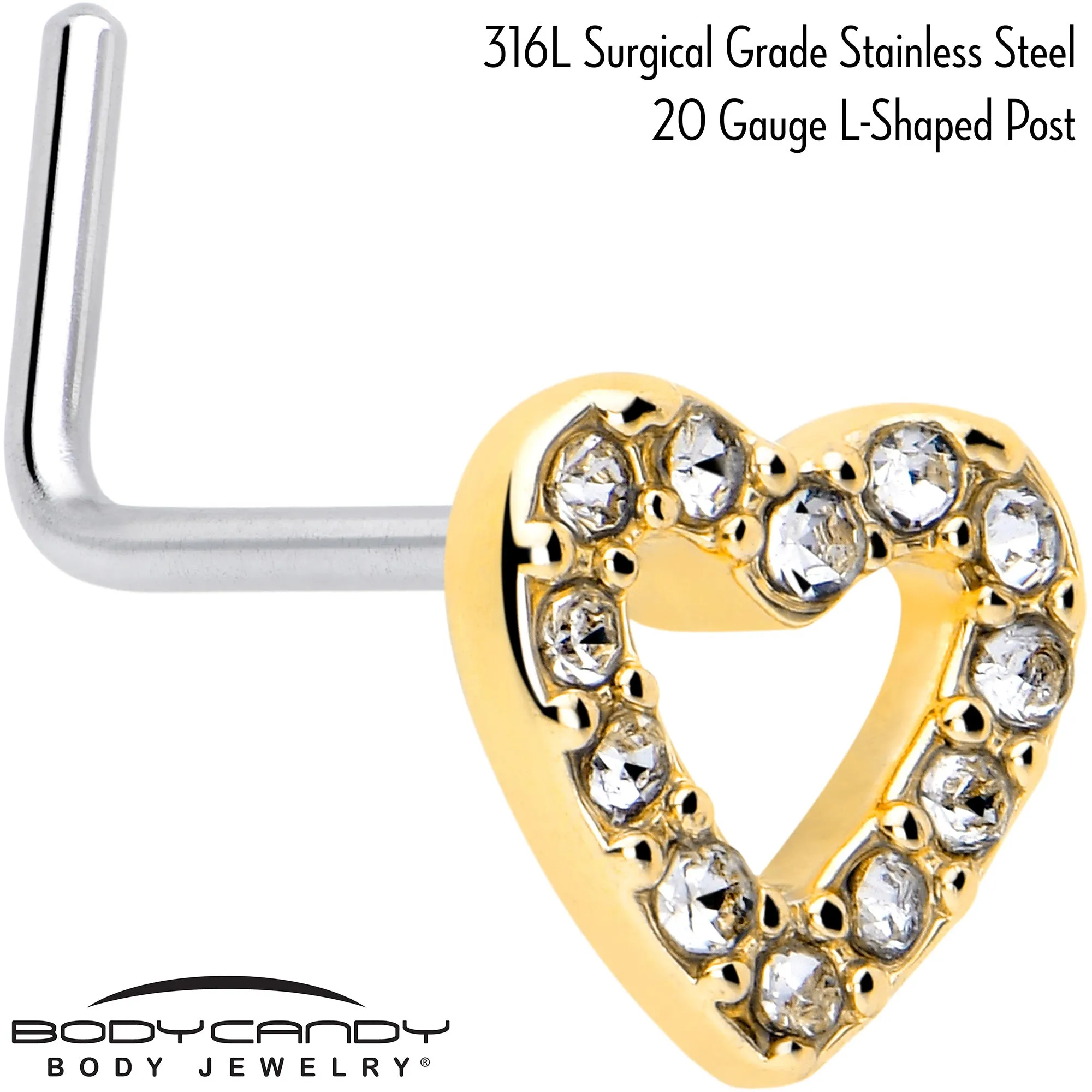 20 Gauge 7mm Clear Gem Golden Hollow Paved Heart L Shape Nose Ring