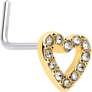 20 Gauge 7mm Clear Gem Golden Hollow Paved Heart L Shape Nose Ring