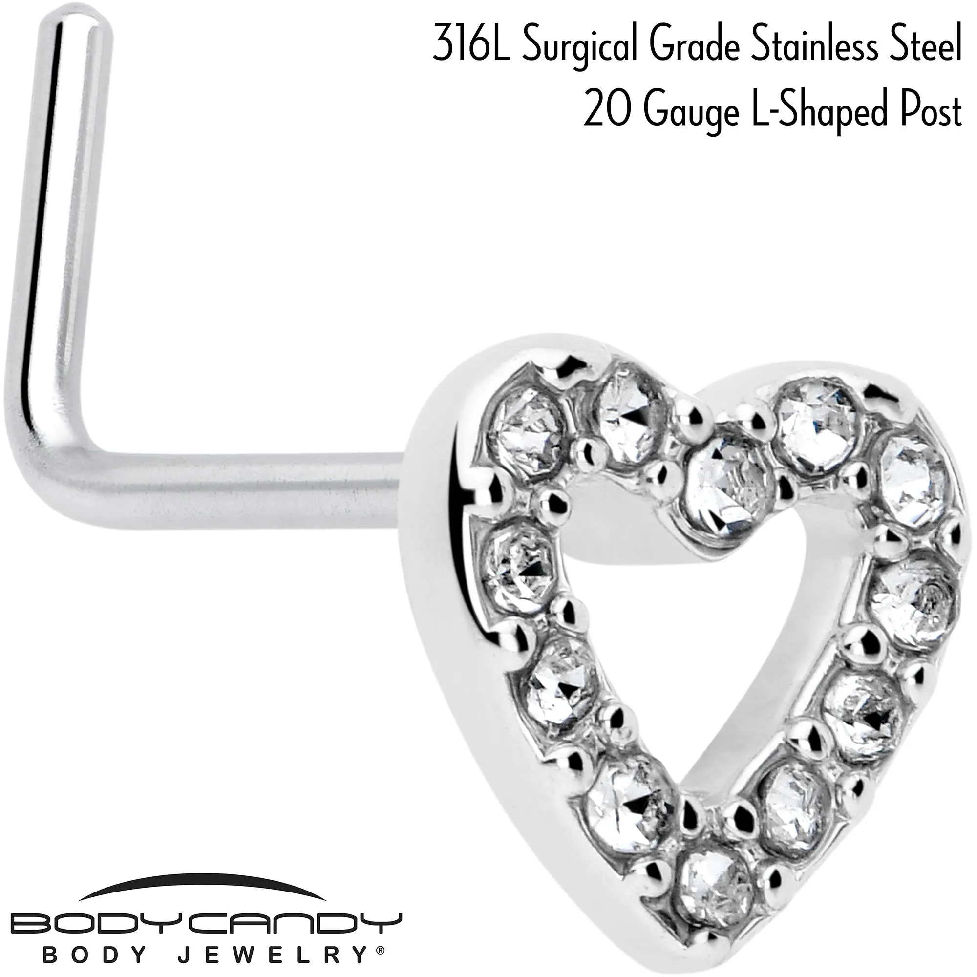 20 Gauge 7mm Clear Gem Hollow Paved Heart L Shape Nose Ring