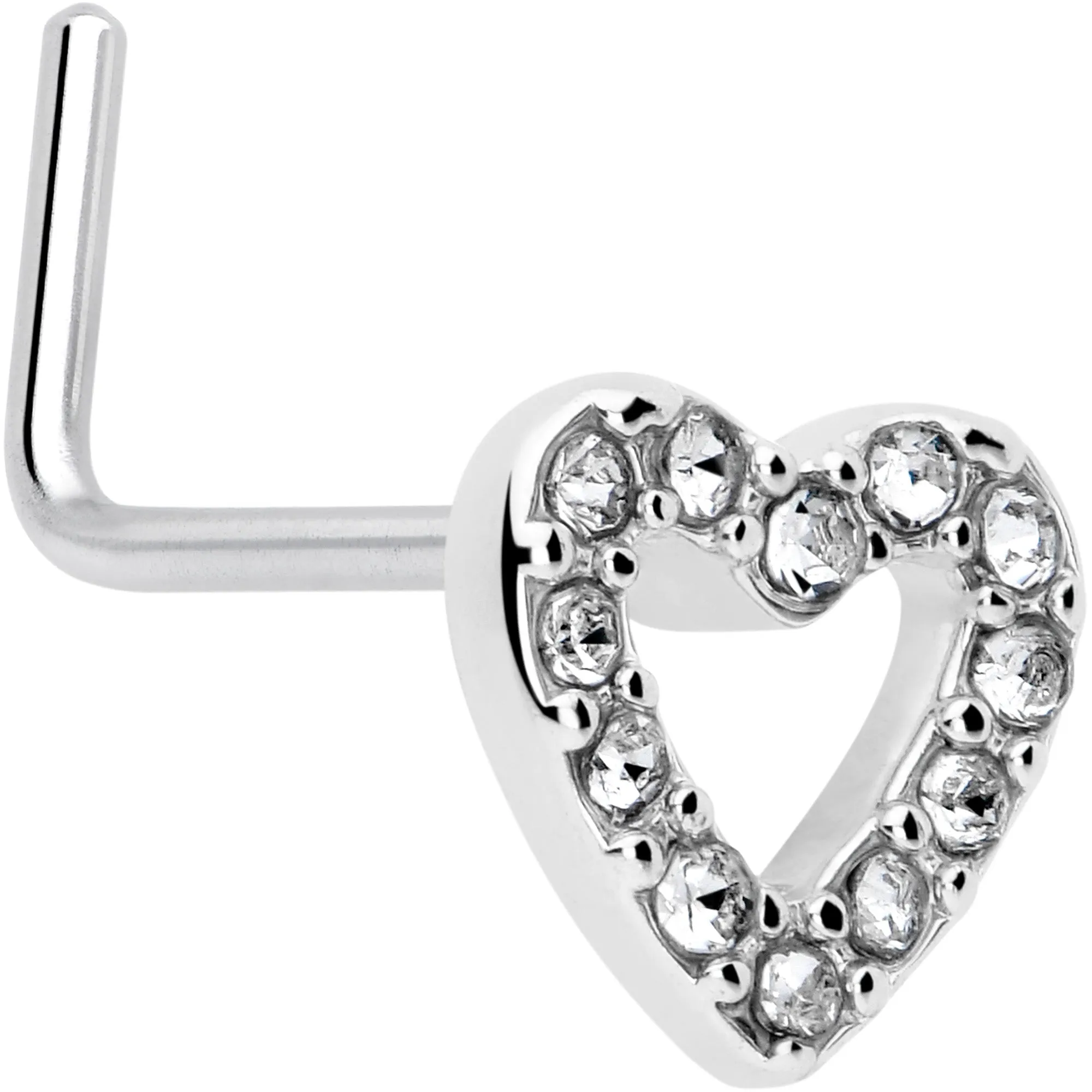 20 Gauge 7mm Clear Gem Hollow Paved Heart L Shape Nose Ring