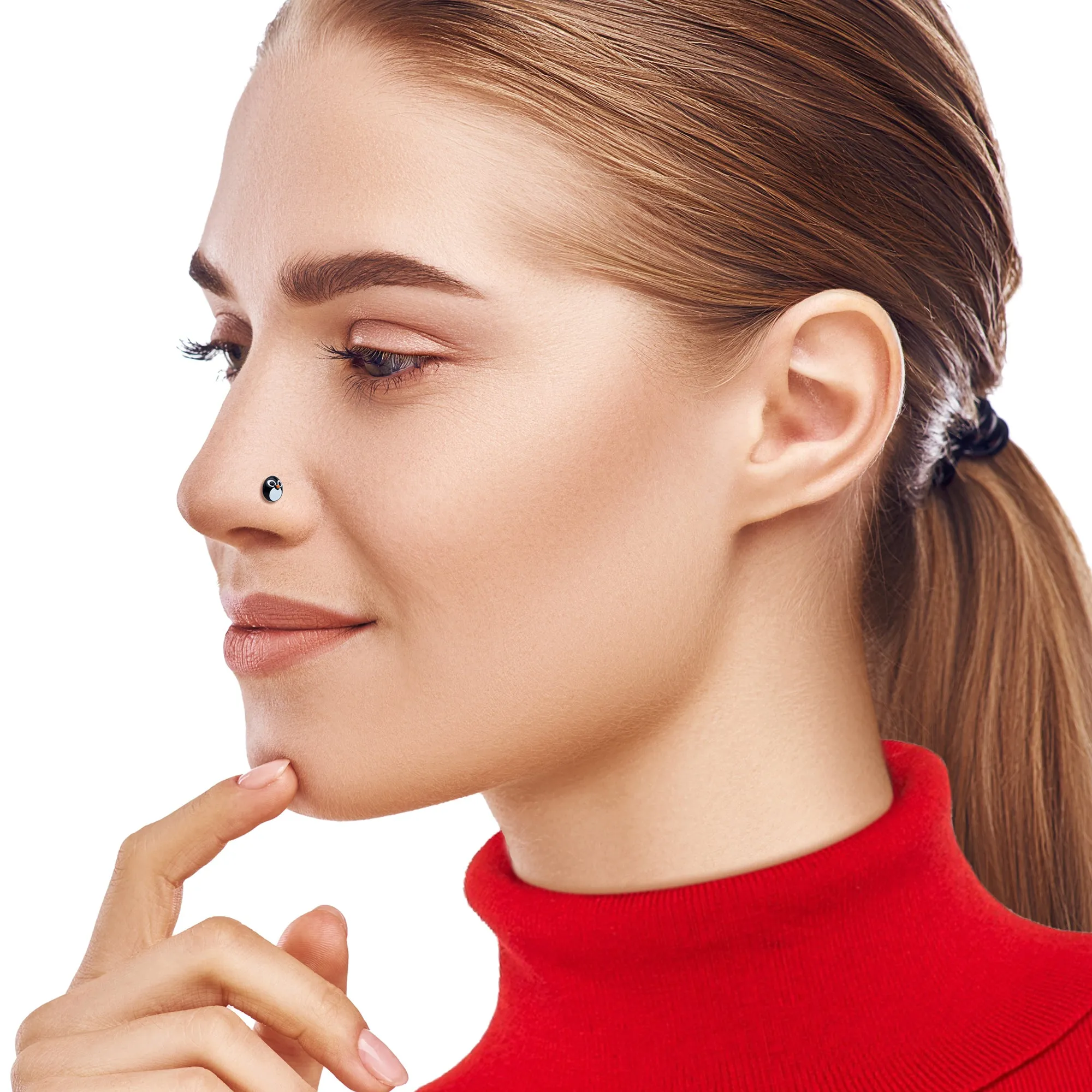 20 Gauge 7mm Gold Tone Round Penguin Face Holiday  L Shape Nose Ring