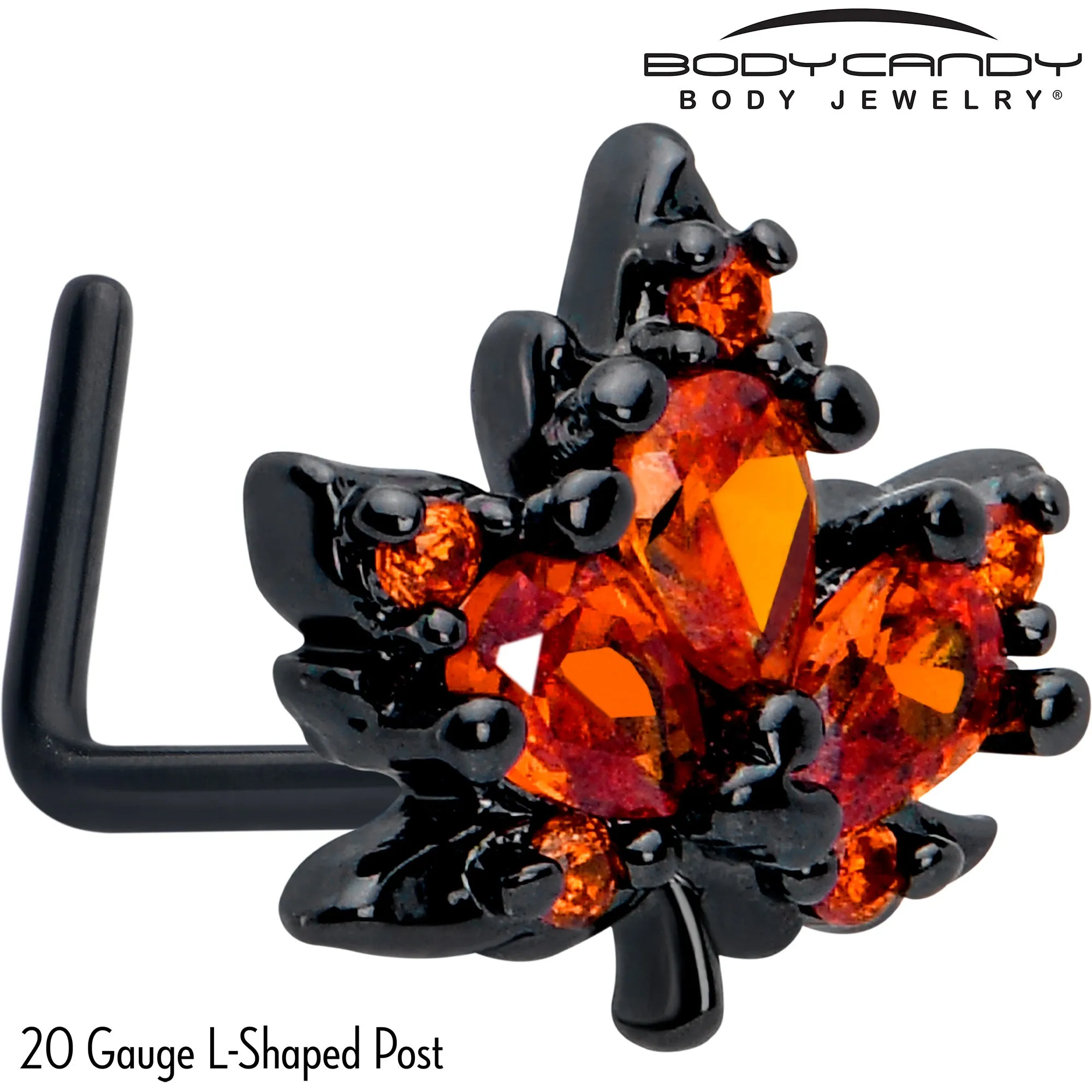 20 Gauge 7mm Orange CZ Gem Black Autumn Leaf L Shape Nose Ring