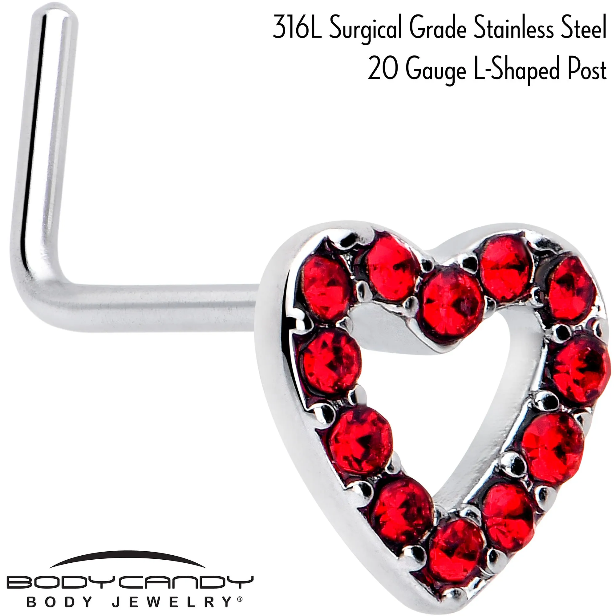 20 Gauge 7mm Red Gem Hollow Paved Heart L Shape Nose Ring