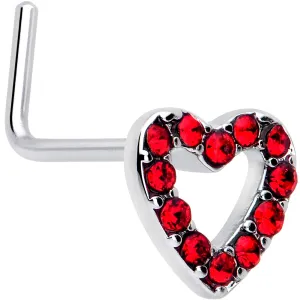 20 Gauge 7mm Red Gem Hollow Paved Heart L Shape Nose Ring