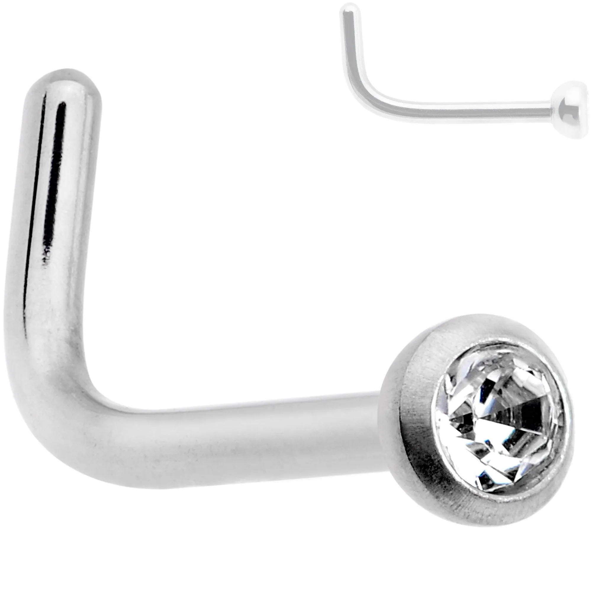 20 Gauge G23 Titanium Press Fit Clear CZ Micro Ball L Shaped Nose Ring