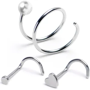 20 Gauge Heart Disc Spiral Left Side Screw Nose Ring Set of 3
