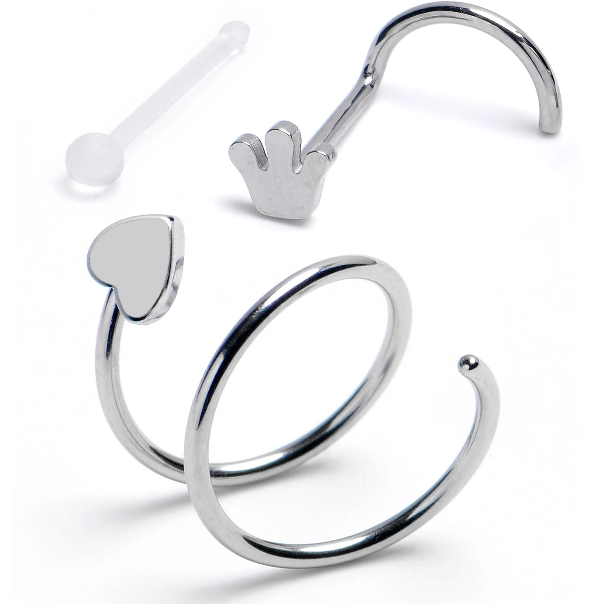 20 Gauge Spiral Heart Crown Acrylic Nose Ring Set of 3