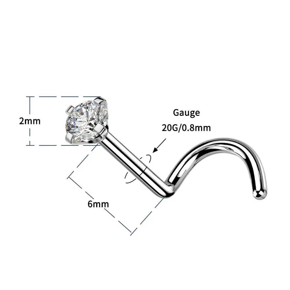 20G Titanium CZ Screw Nose Stud Threadless Push Pin Nostril Ring