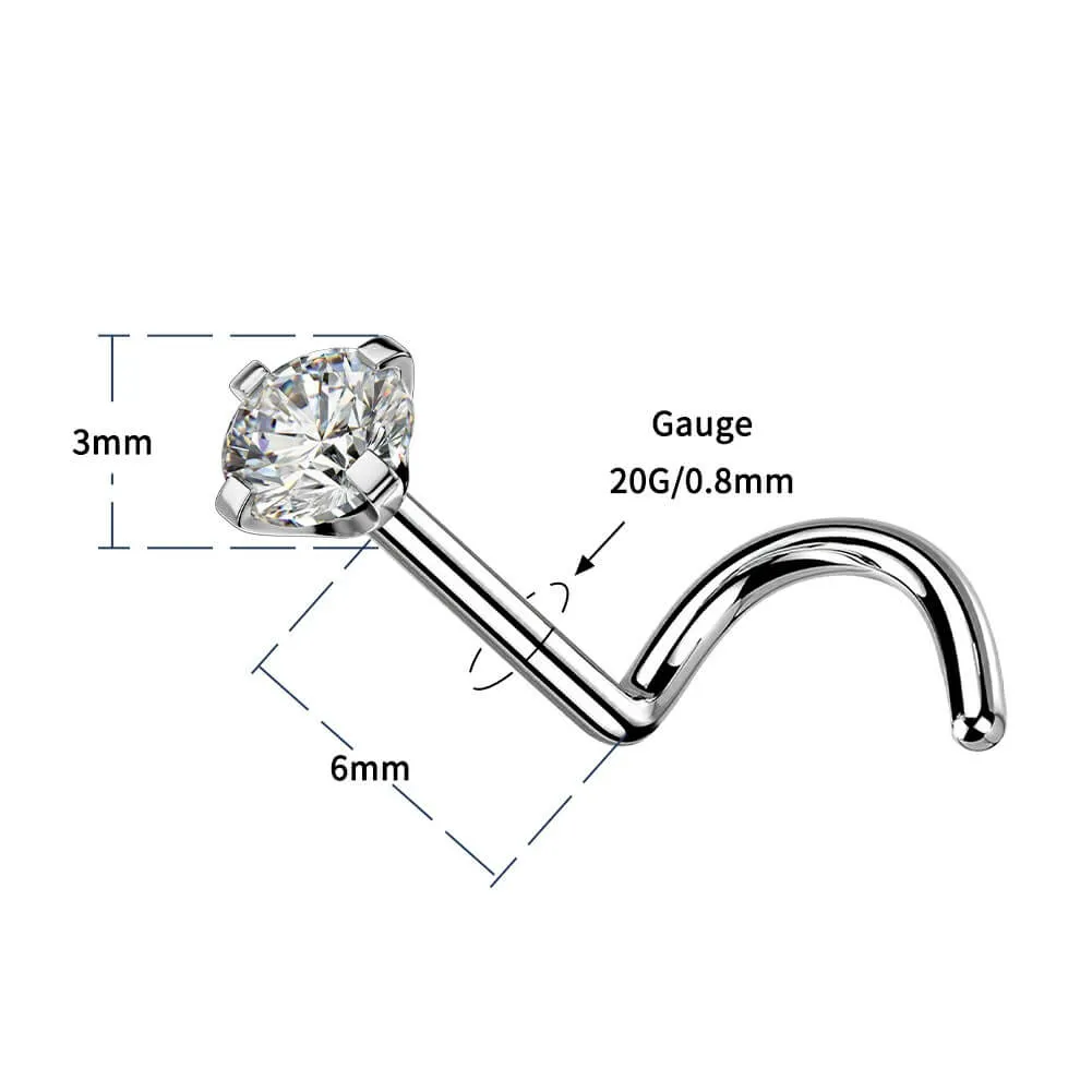 20G Titanium CZ Screw Nose Stud Threadless Push Pin Nostril Ring
