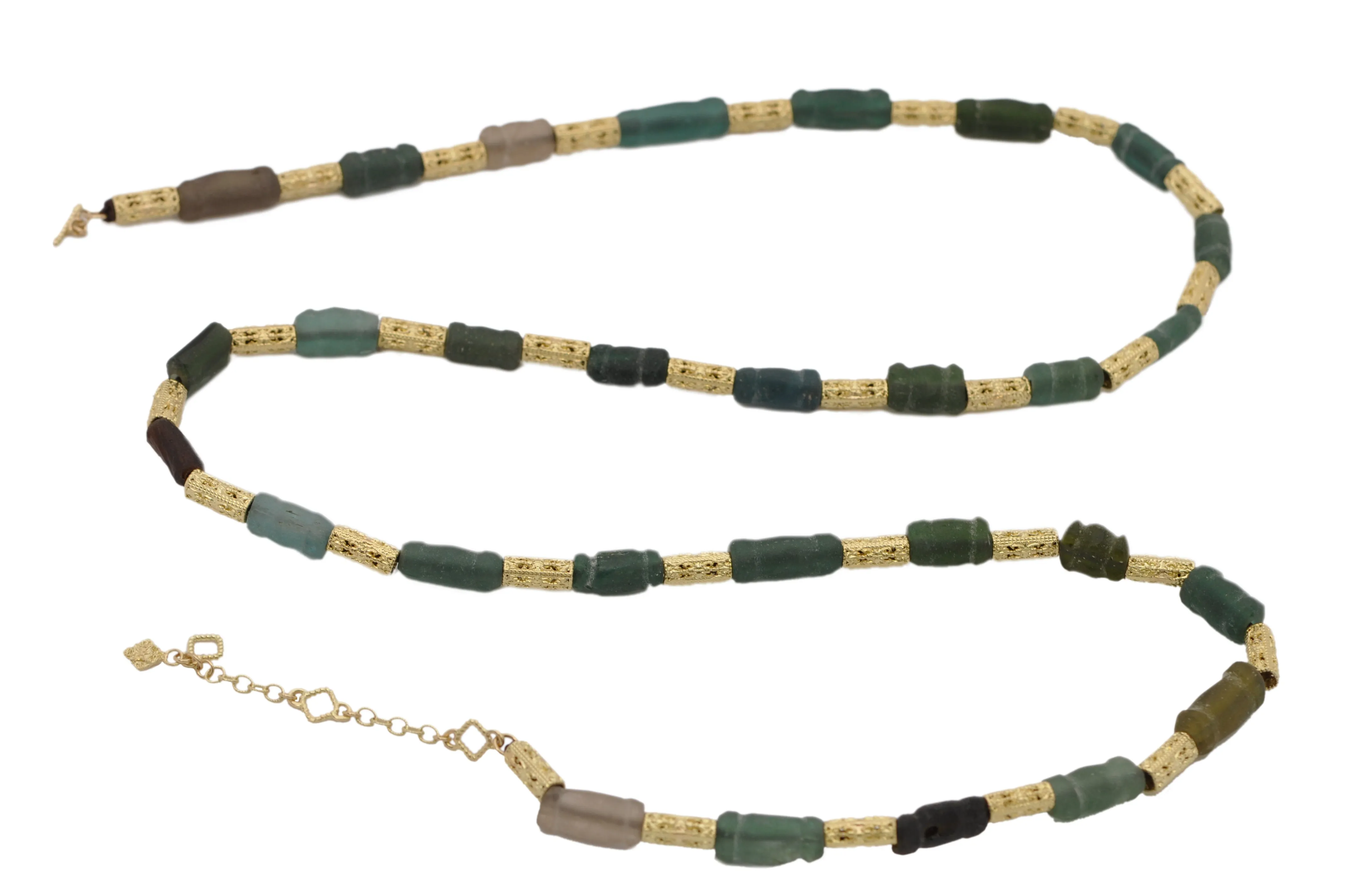 32"  BEADED NECKLACE WITH TURQUOISE CERAMIC AFGHANI AND CARVED