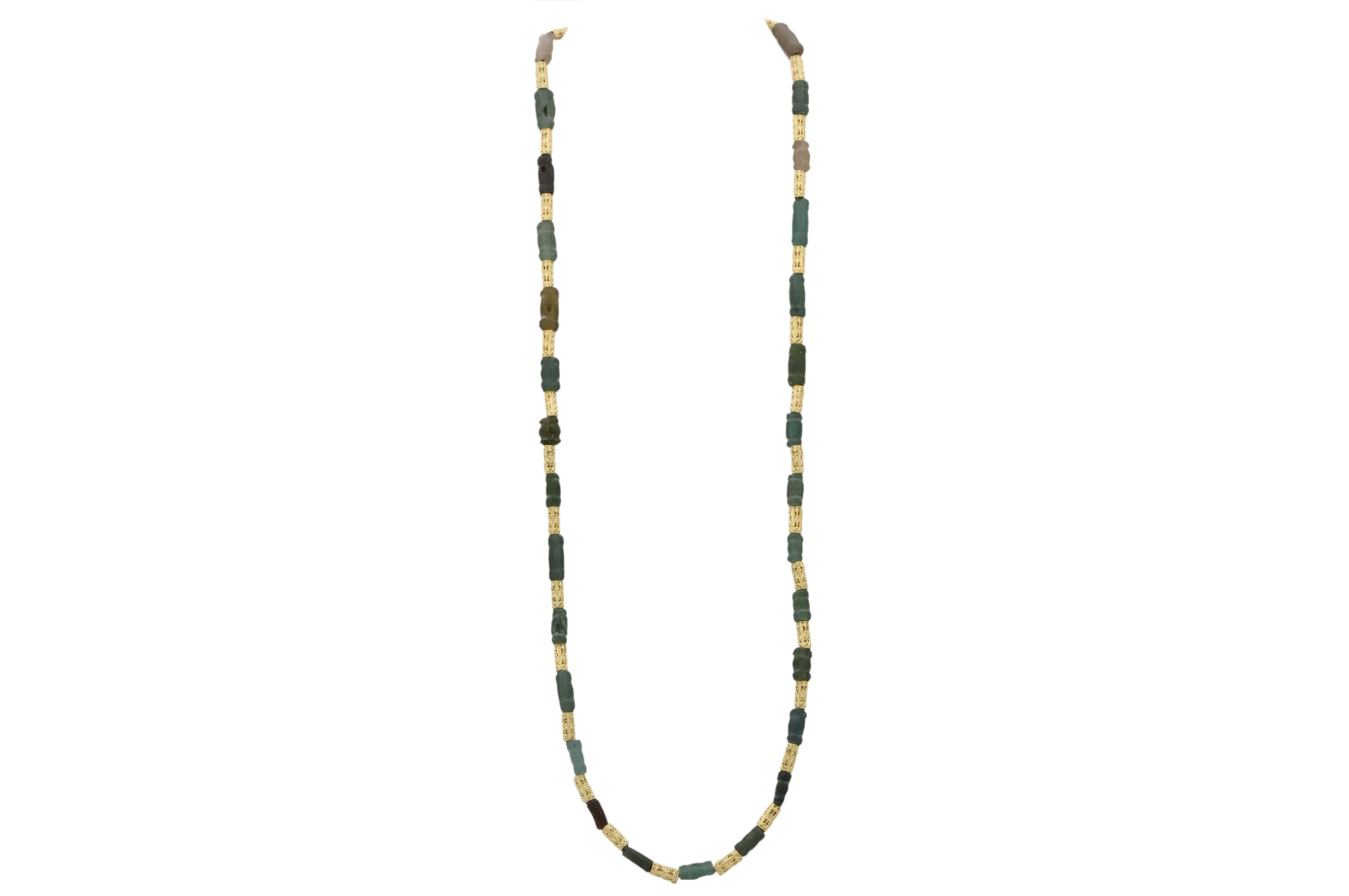 32"  BEADED NECKLACE WITH TURQUOISE CERAMIC AFGHANI AND CARVED