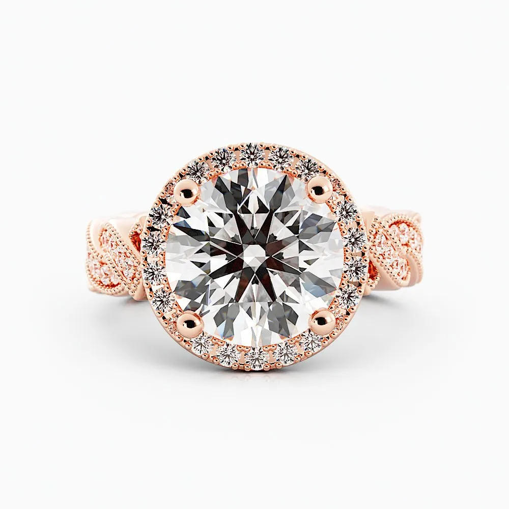 3.3 Carat Round Diamond Twist Halo Engagement Ring 14k Rose Gold