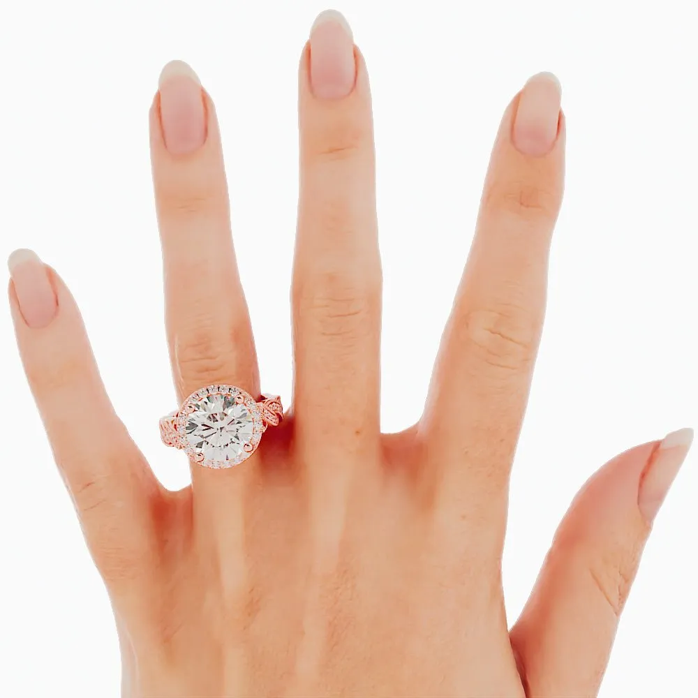 3.3 Carat Round Diamond Twist Halo Engagement Ring 14k Rose Gold