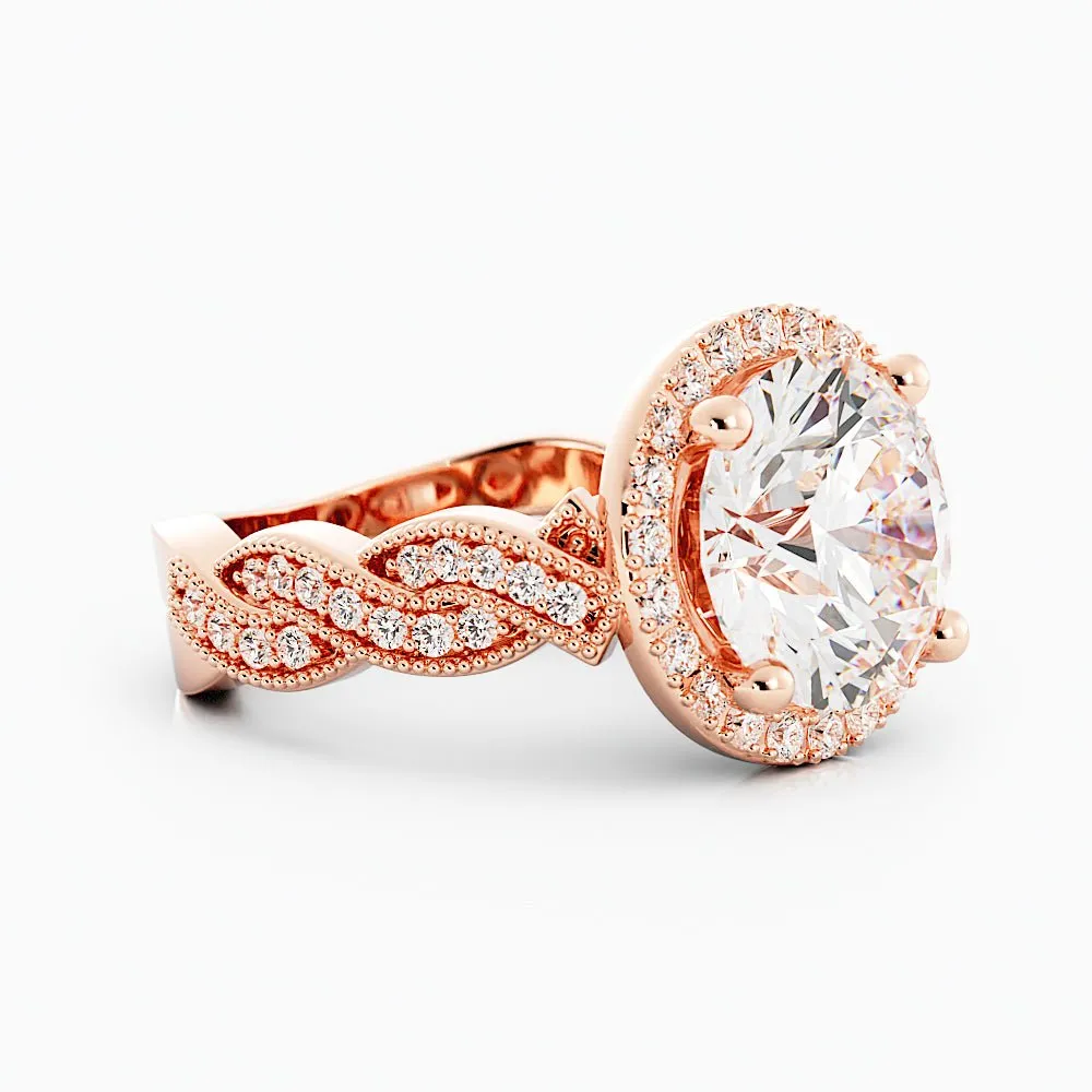3.3 Carat Round Diamond Twist Halo Engagement Ring 14k Rose Gold