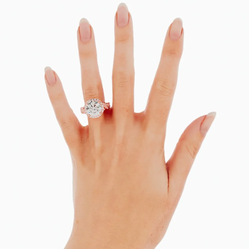 3.3 Carat Round Diamond Twist Halo Engagement Ring 14k Rose Gold