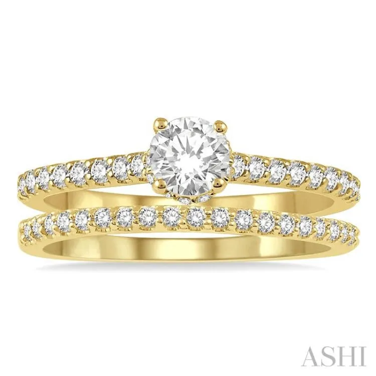 3/4 Ctw Diamond Wedding Set With 5/8 ct Round Cut Diamond Engagement Ring and 1/6 ct Wedding Band in 14K Yellow Gold