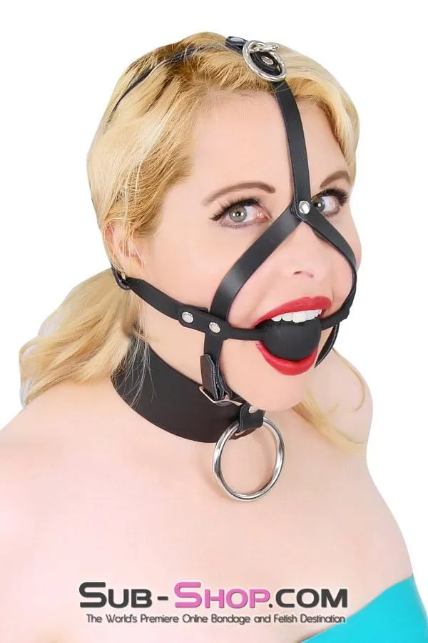 6796A      Black Silicone Ball Gag Leather Trainer with Top Strap Hardware