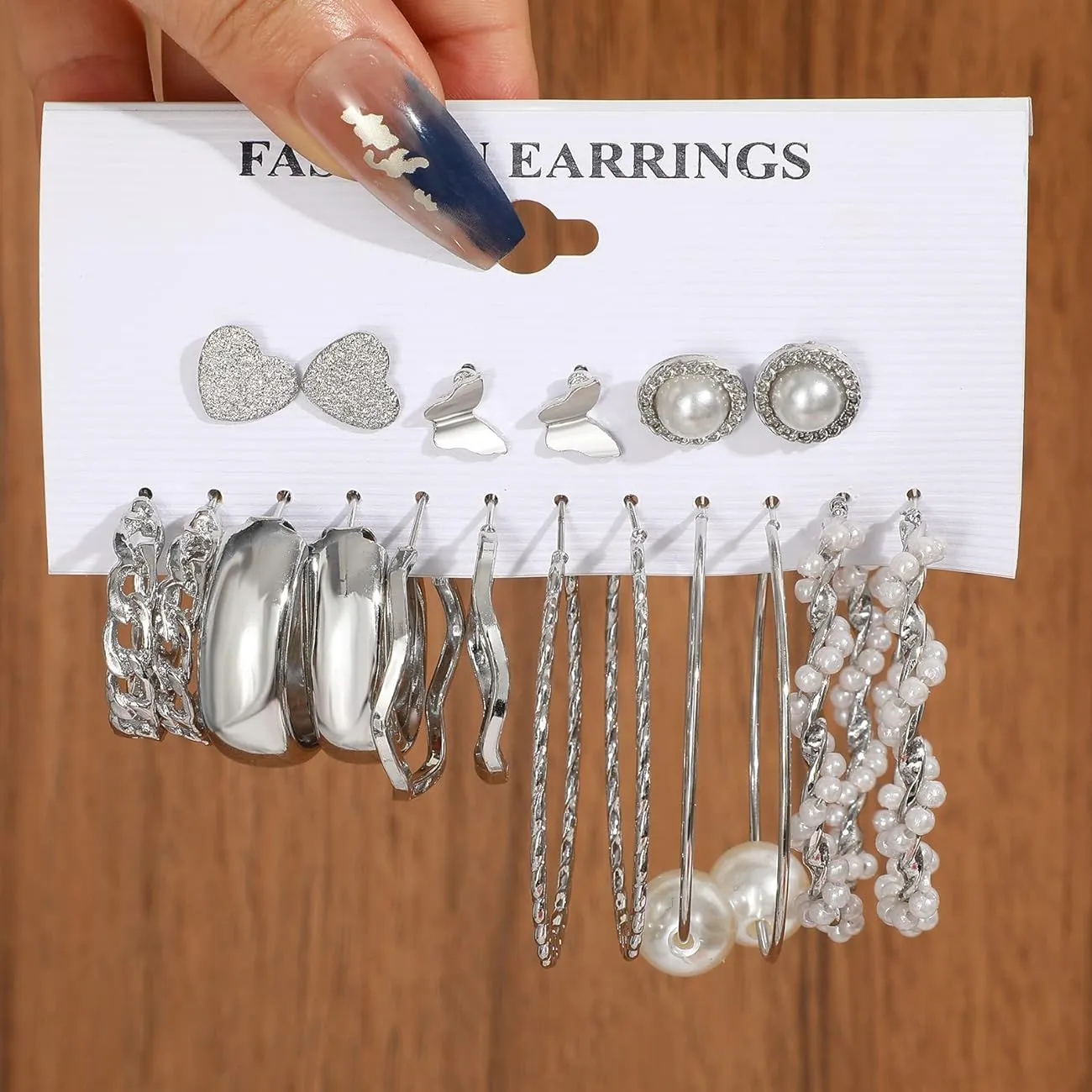 9 Pair Pearl, Hoop, And, Heart Butterfly Stud Earrings