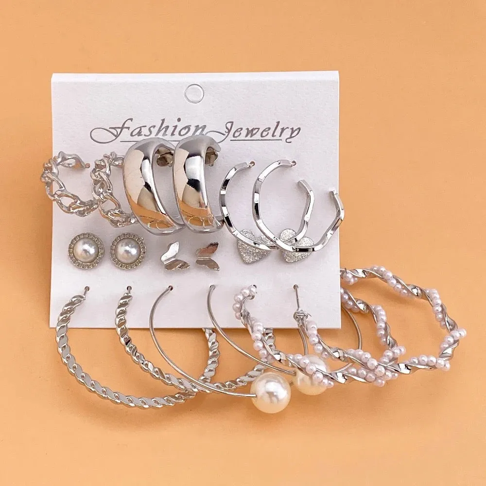 9 Pair Pearl, Hoop, And, Heart Butterfly Stud Earrings