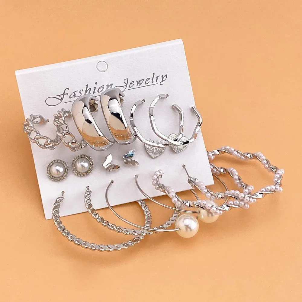 9 Pair Pearl, Hoop, And, Heart Butterfly Stud Earrings