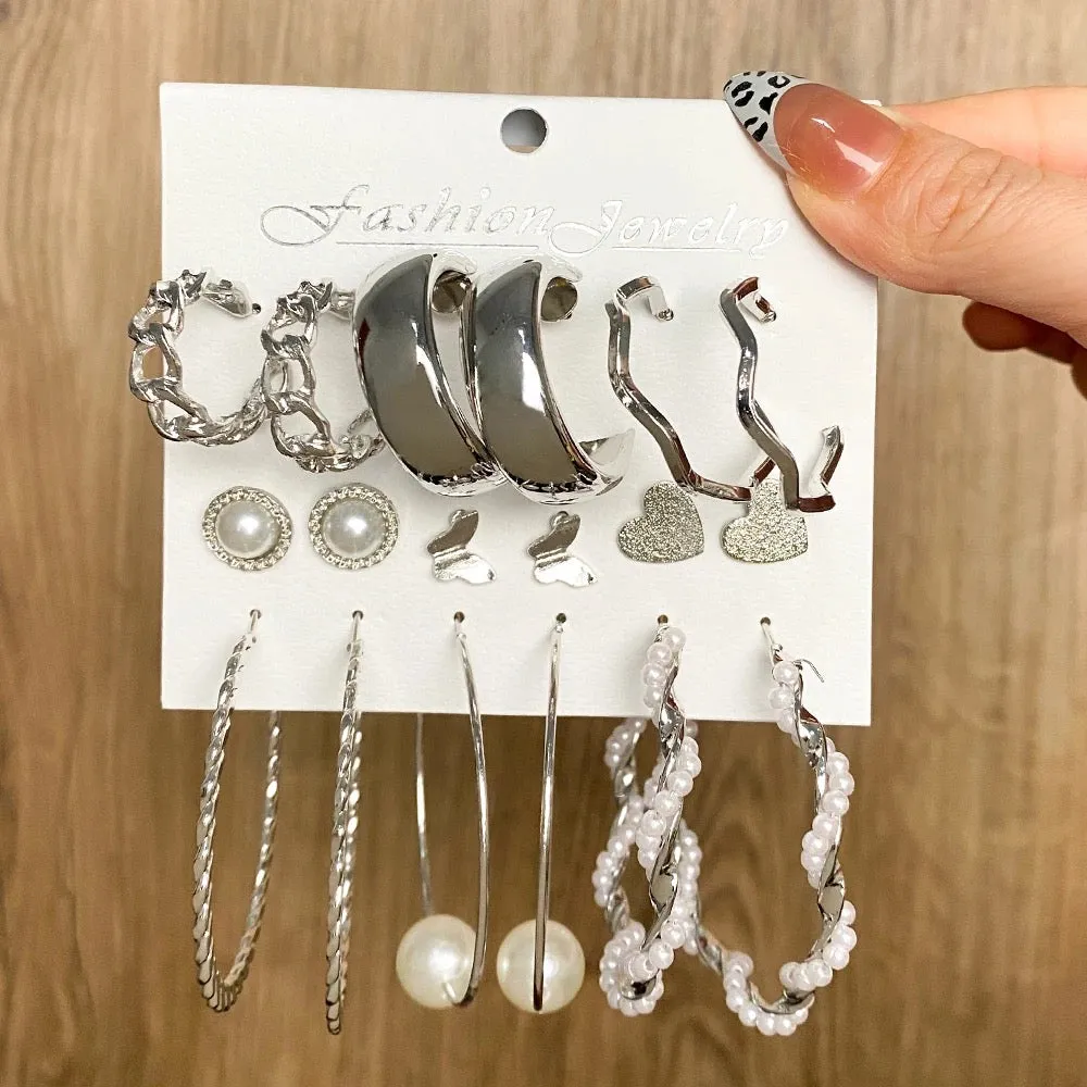9 Pair Pearl, Hoop, And, Heart Butterfly Stud Earrings