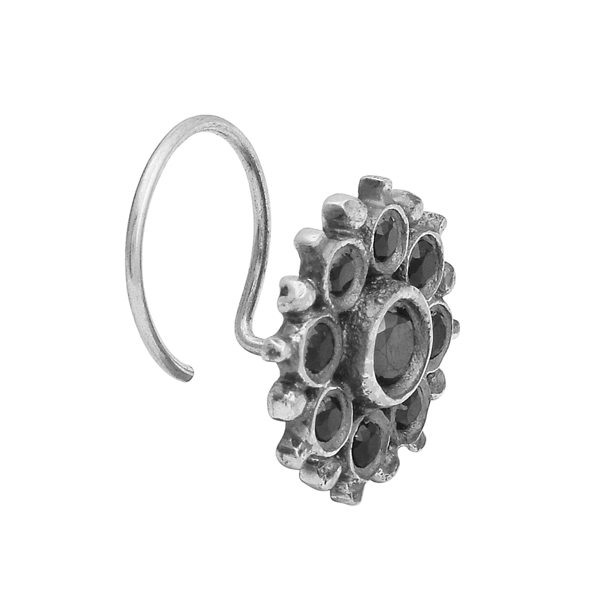 925 Sterling Silver Black Spinel Nose Clip Indian Traditional Oxidized Press Nose Ring