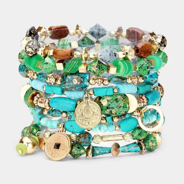 9PCS - Green Coin Charm Wood Multi Beaded Stretch Bracelets