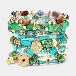 9PCS - Green Coin Charm Wood Multi Beaded Stretch Bracelets