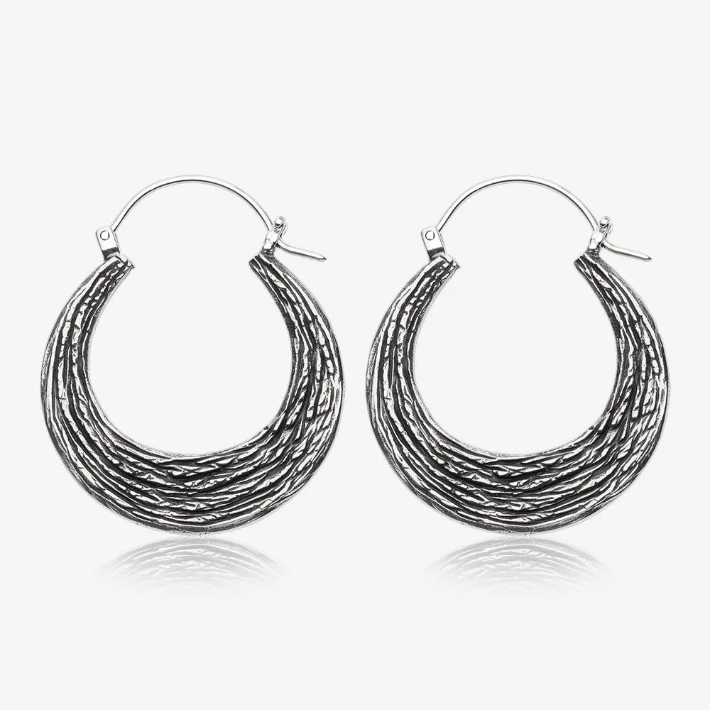 A Pair of Ancient Bali Ornate White Brass Loop Plug Hoop Earring
