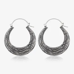 A Pair of Ancient Bali Ornate White Brass Loop Plug Hoop Earring