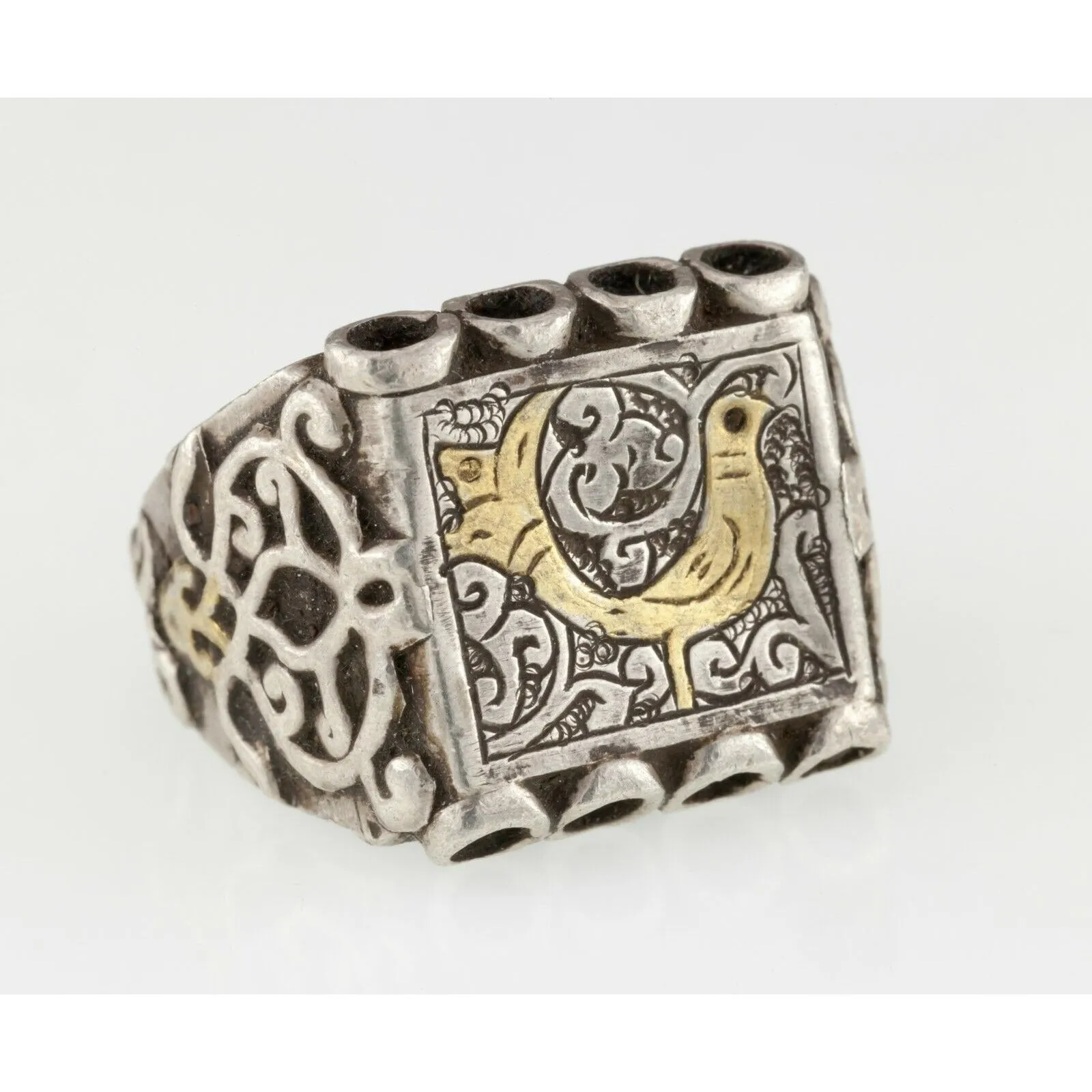 Afghan Hand-Chased Silver Plaque Ring with Brass Accents Sz 7-8